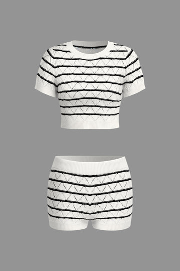 Stripe Crop Knit Top And Shorts Set