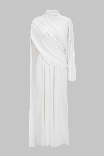 Mock Neck Asymmetrical Ruched Long-Sleeve Top And High Split Skirt Set