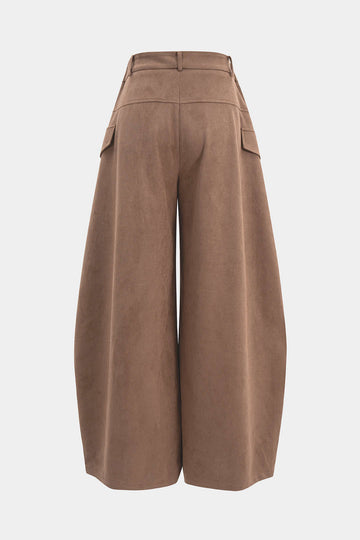 Suede Double Waistband Fake Pocket Straight Leg Pants