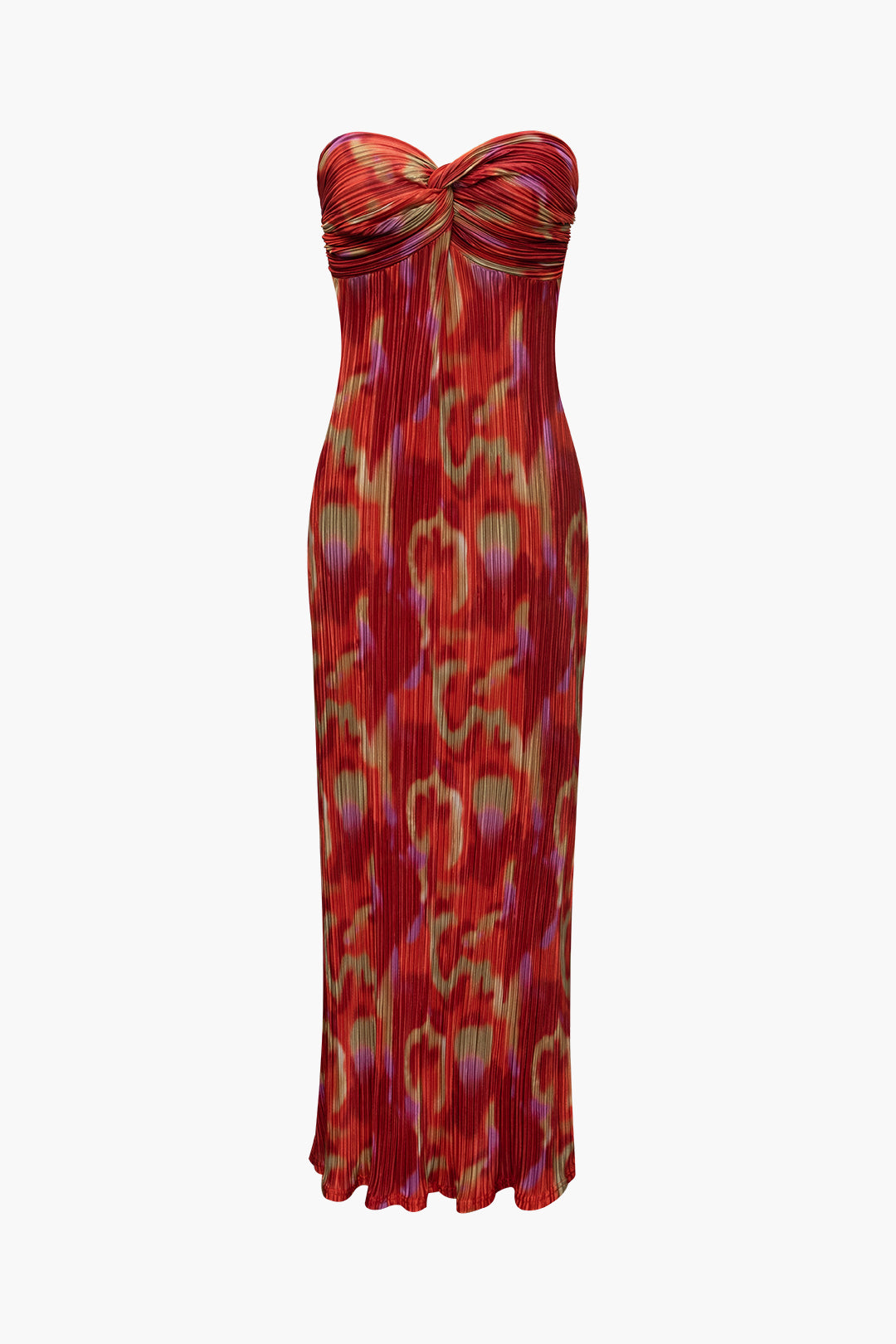 Abstract Print Plisse Strapless Maxi Dress