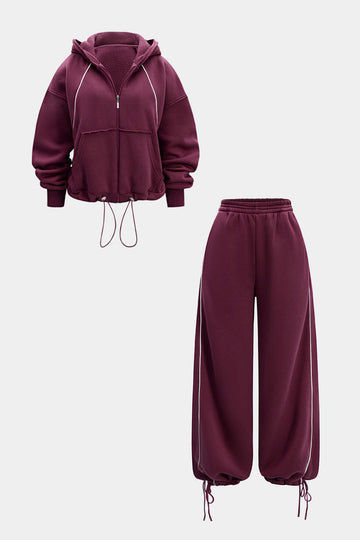 Drawstring Zipper Hoodie And Straight Leg Tie-Up Trousers Set