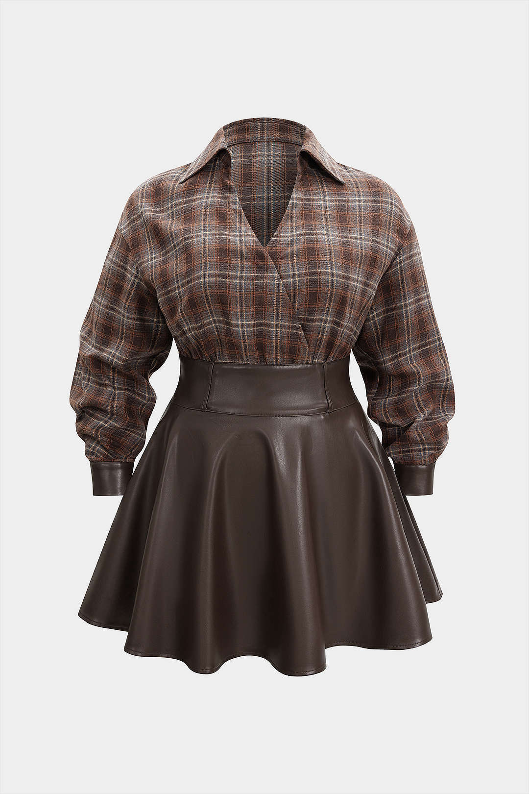 Plus Size Plaid Print Faux Leather Patchwork V-Neck Long Sleeve Mini Dress