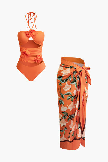 3D Flower Tie Halter Cut Out Swimsuit And Wrap Knot Cover Up Skirt Set