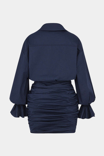 Plus Size Ruched V-Neck Drawstring Ruffle Long Sleeve Mini Dress