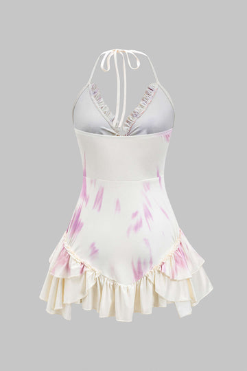 Ombre print ruffle halter έκοψε μίνι φόρεμα