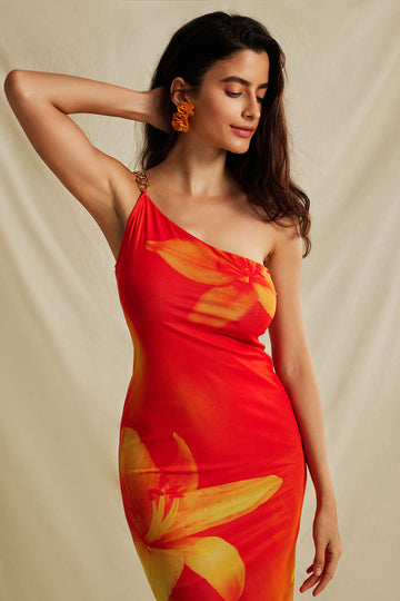 Lily Print Asymmetric One Shoulder Maxi Dress