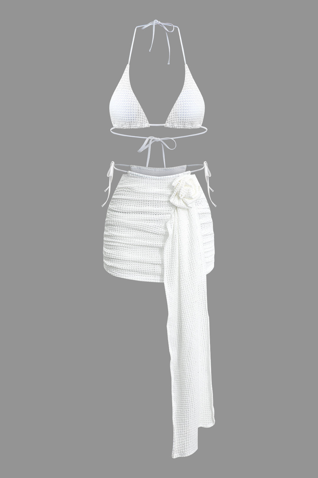 Textured Halter Bikini Set And 3D Flower Cover-Up Skirt Set
