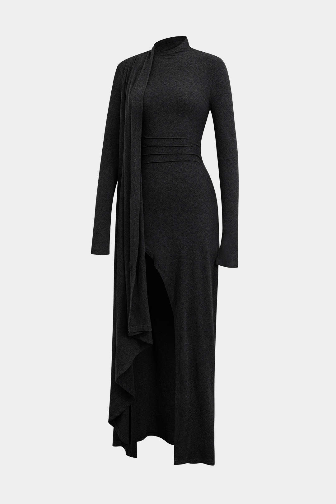 Mock Neck Wrap Ruched Kmiem twal Slit Maxi Dress