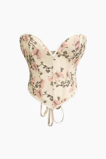 Butterfly Embroidered Braided Tie Corset Top