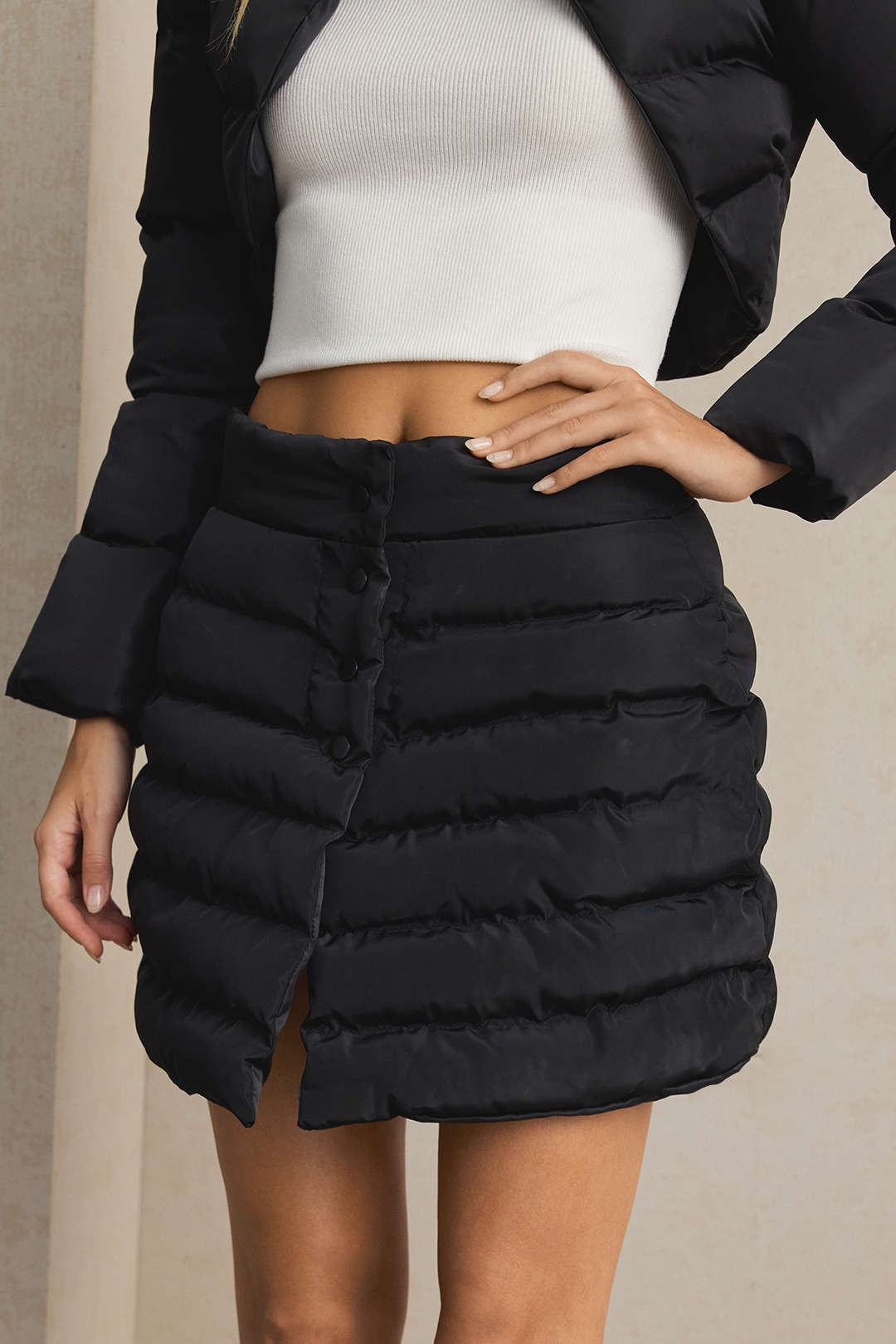 Solid Button Up Puffer Mini Skirt