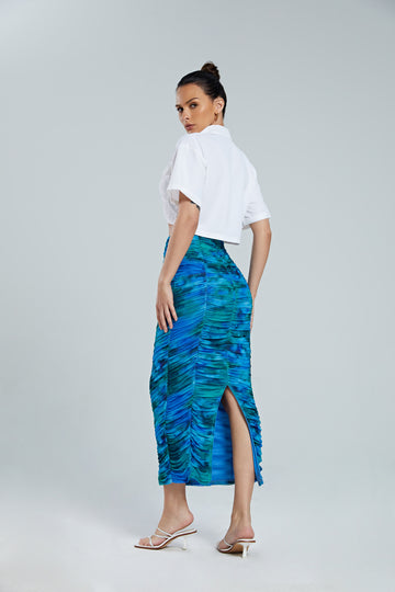 Abstract Print Gathered Slit Midi Skirt