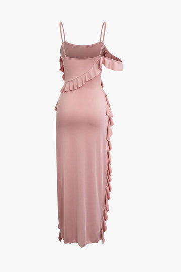 3D Flower Ruffle Slit Cami Maxi Dress