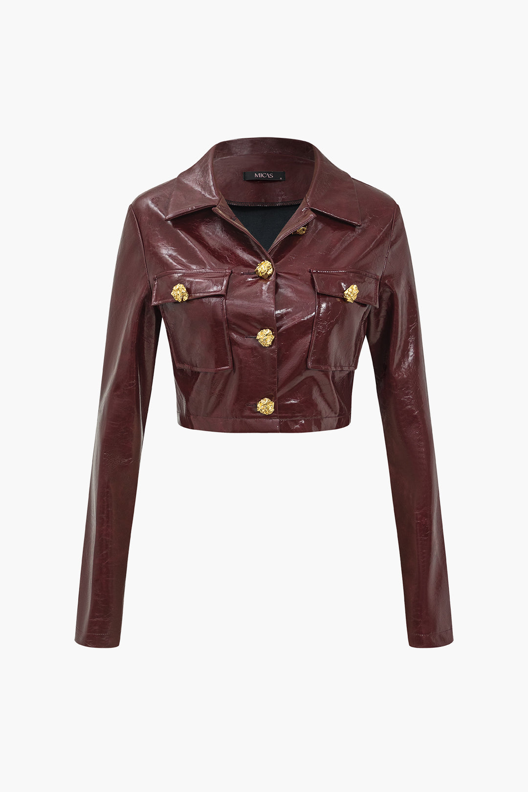 Jacket de bouton PU solide et de détails de poche