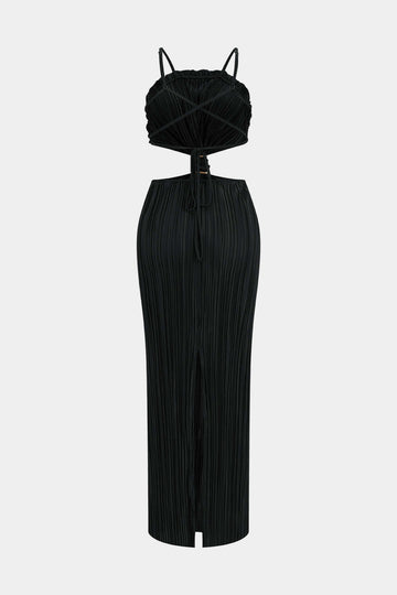 Solid Pleated Slit Maxi Dress