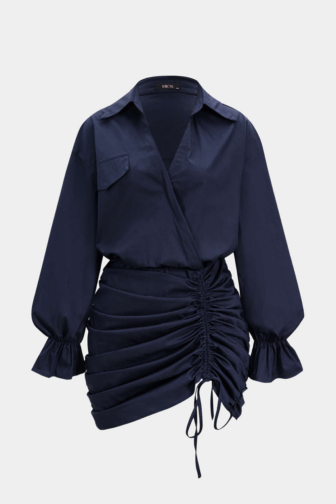 Plus Size Ruched V-Neck Drawstring Ruffle Long Sleeve Mini Dress