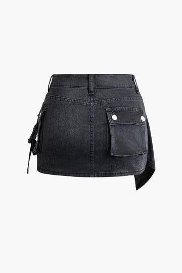 Wrap Belt Flap Pocket Cargo Denim Mini Skirt