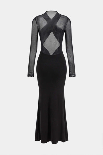 Crossed Mesh Sheer V-Neck Long Sleeve Maxi Dress