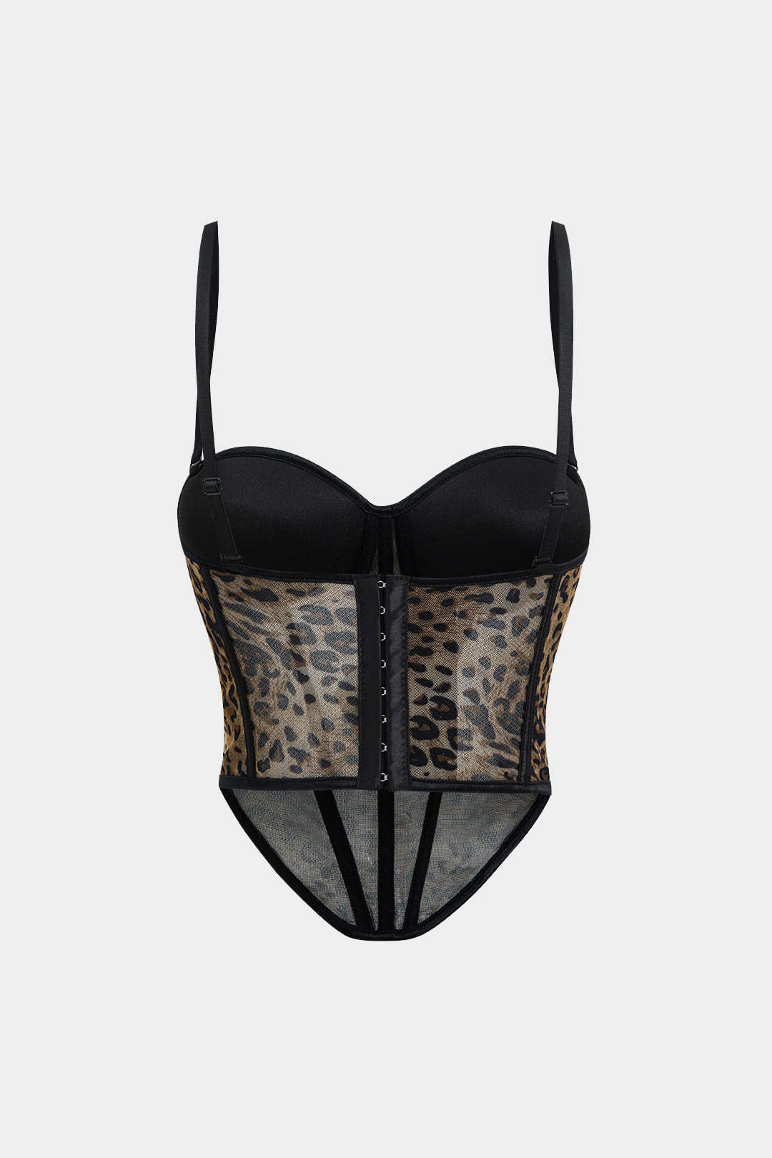 Top de tirantes con corsé transparente de malla con estampado de leopardo