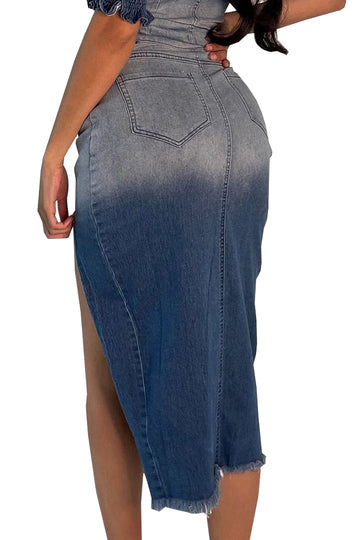 Faded Frayed Hem Split Denim Midi Skirt