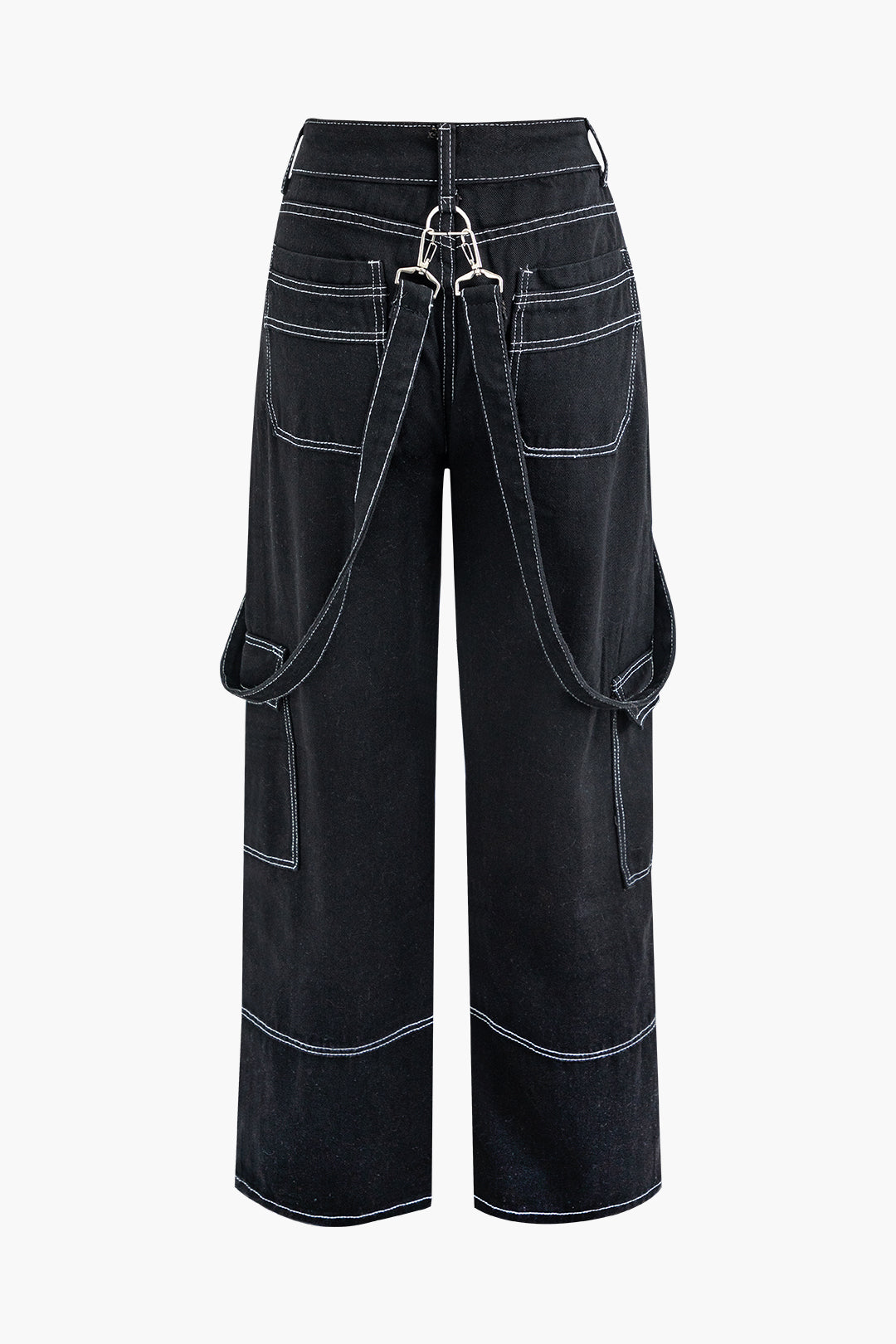 Stitching Straight Leg Flap Pocket Jeans With Eyelet Tie