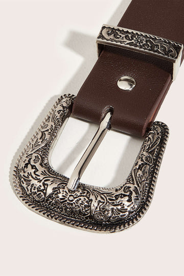 Engraved Buckle Studded Leather Belt