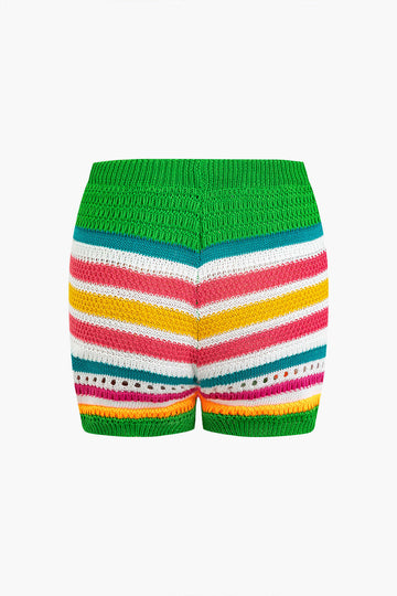 Striped Crochet Halterneck Knit Shorts Set