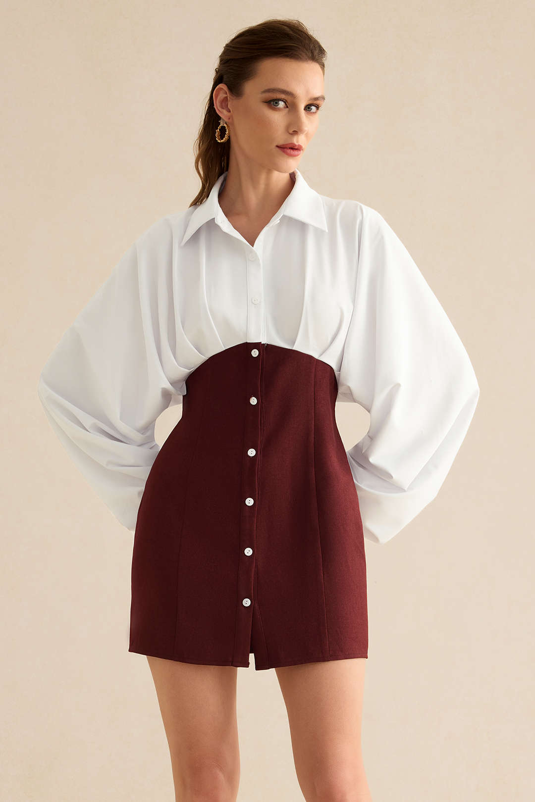 Contrast Button Ruched Long Sleeve Mini Dress