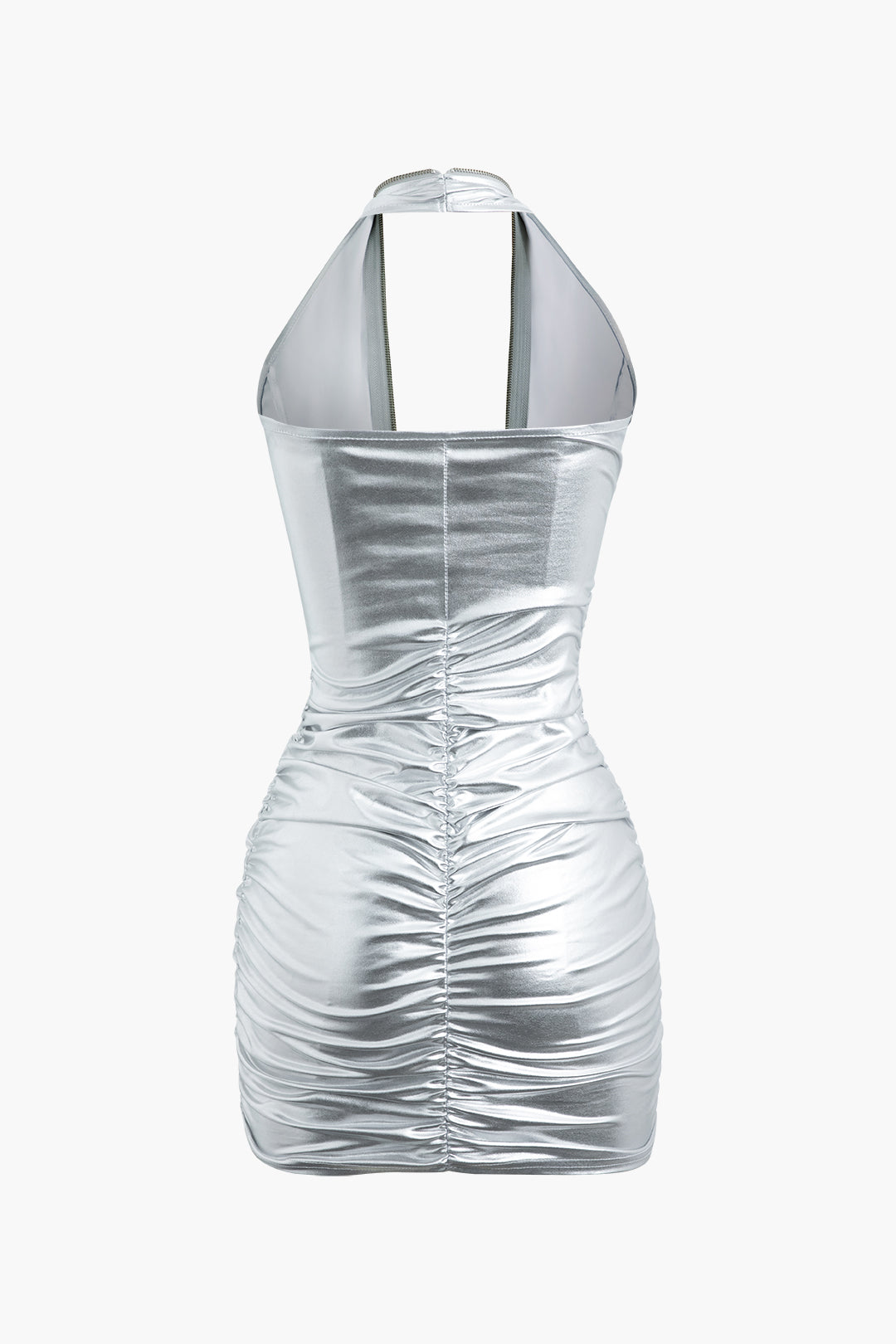 Metallic Halter Zip Up Ruched Mini Dress