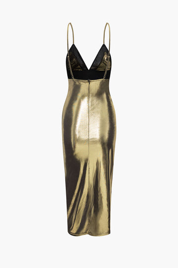 V-neck Metallic Ruched Slit Midi Dress