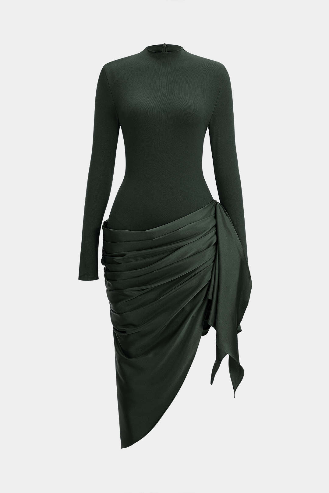 Satin Patchwork Ruched Asymmetrical Long Sleeve Midi Dress