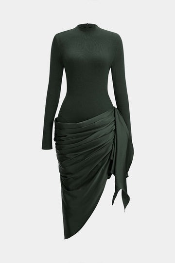 Satin Patchwork Ruched Asymmetrical Long Sleeve Midi Dress