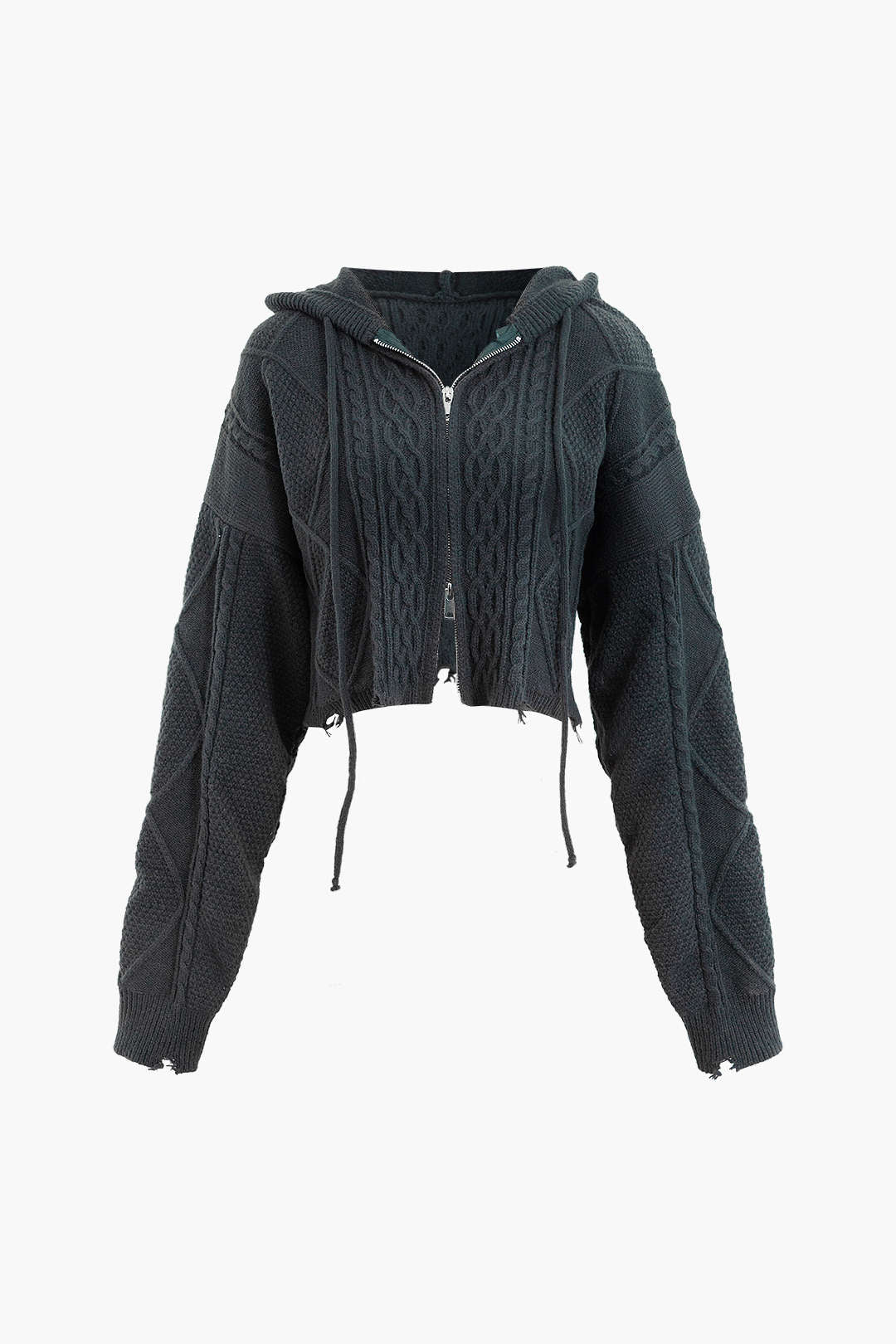 Hooded Destroyed Zip Up Cable Knit Cardigan