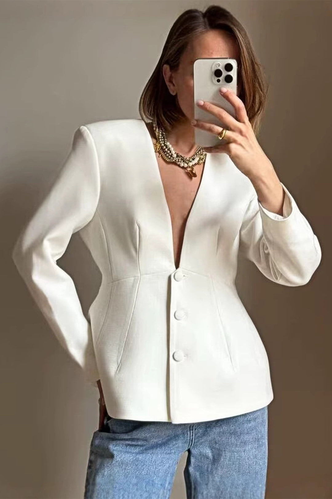 Στερεό blazer κουμπιού V-neck