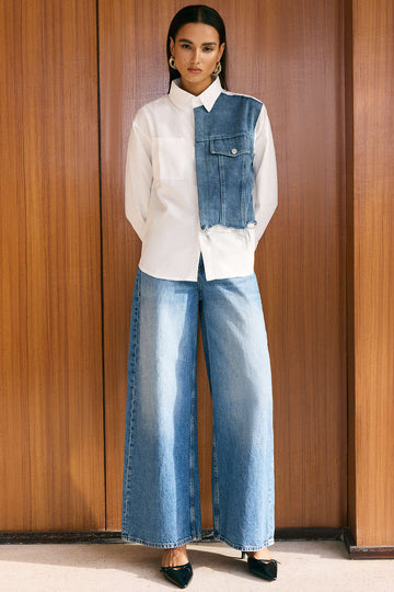 Denim Patchwork Frayed Asymmetrical Pocket Long-Sleeve Shirt