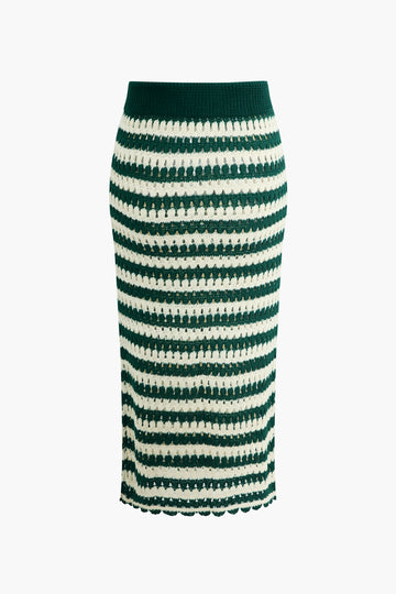 Striped Hollow Out Knit Midi Skirt