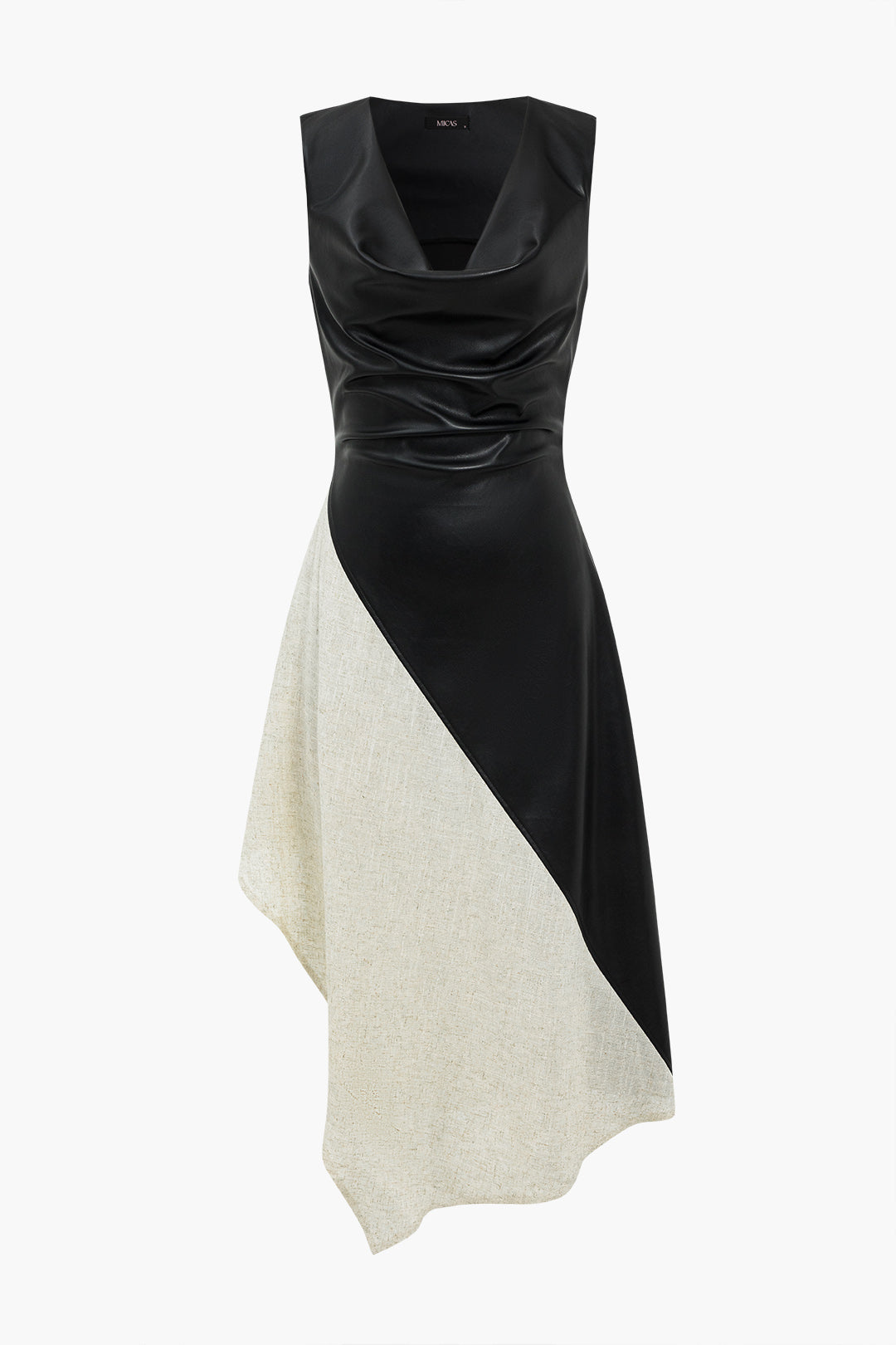 Color Block Draped Cowl Neck Asymmetrical Midi Dress