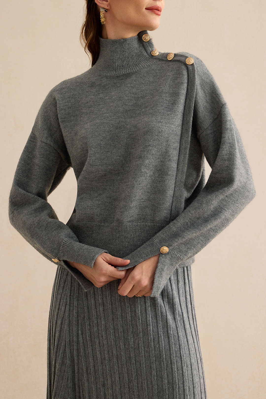 Knit Asymmetrical Button Long-Sleeve Top