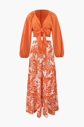 Knot Front Blouse And Leaves Print Wide Leg Pants Set