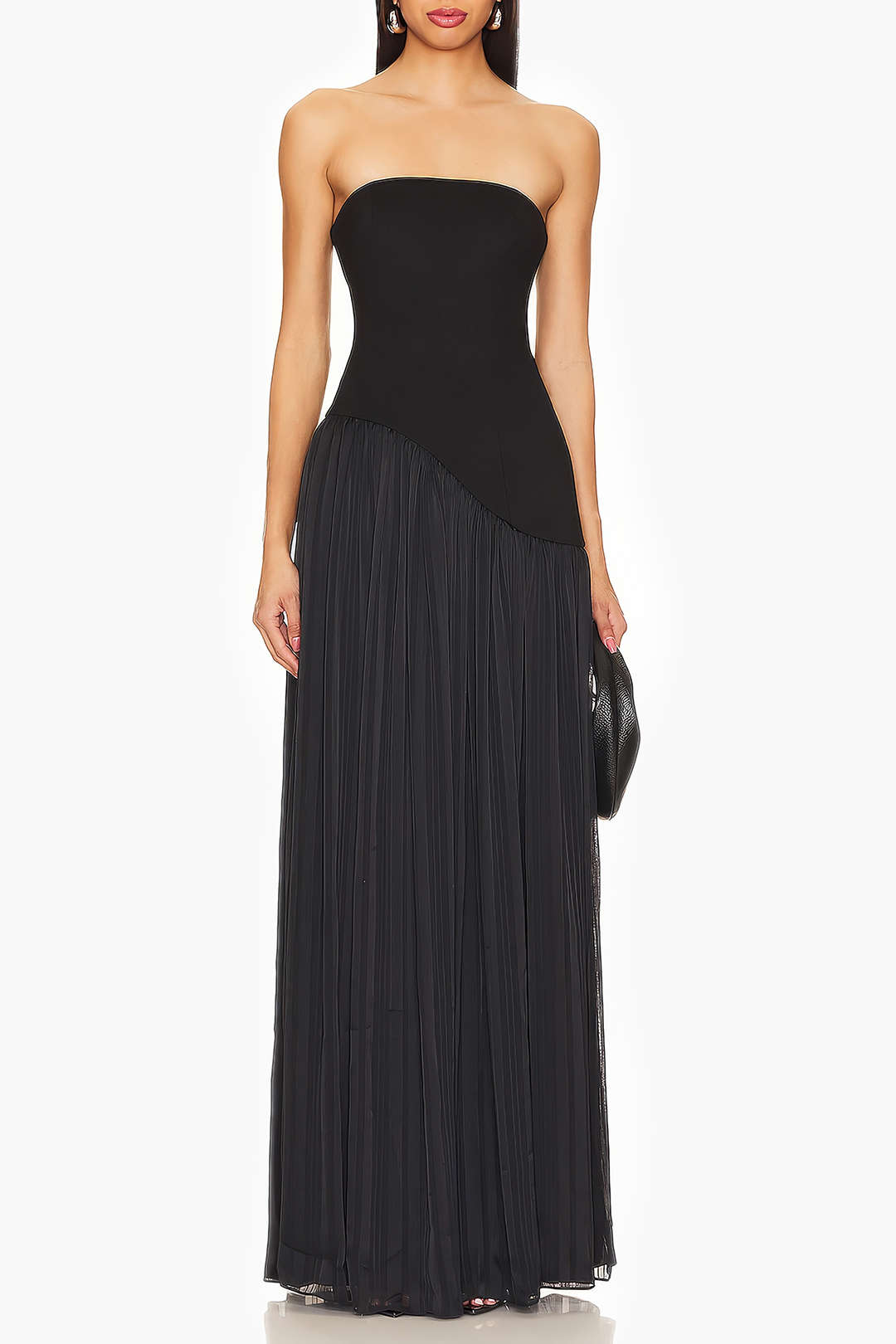 Patchwork Strapless Zipper Pleated Maxi Dress