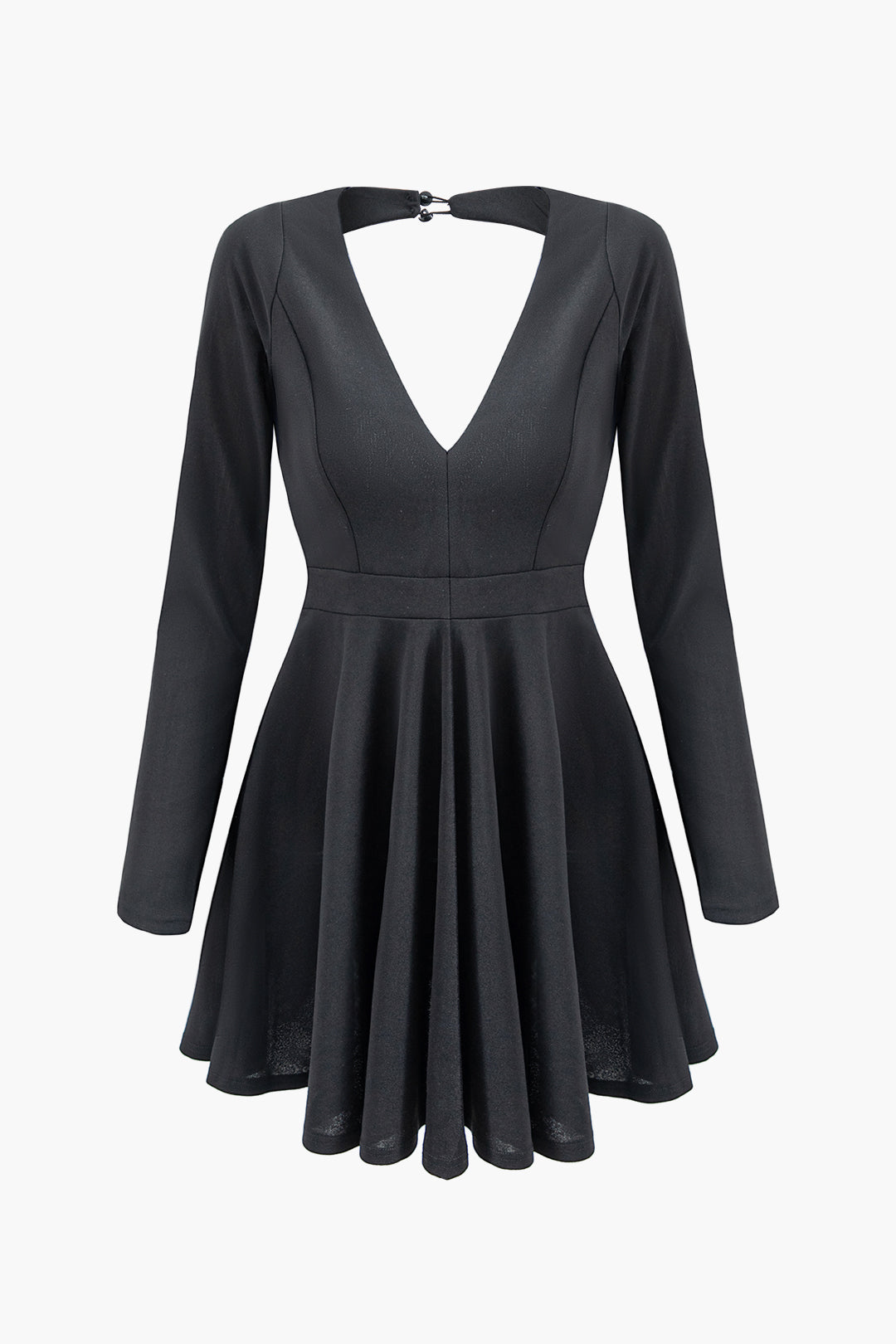Solid V-neck Long Sleeve Backless Pleated Mini Dress