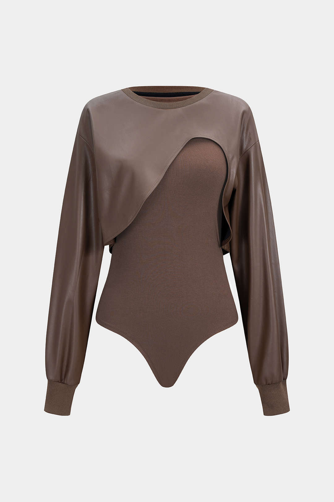 Faux Leather Patchwork Round Neck Asymmetrical Long Sleeve Bodysuit