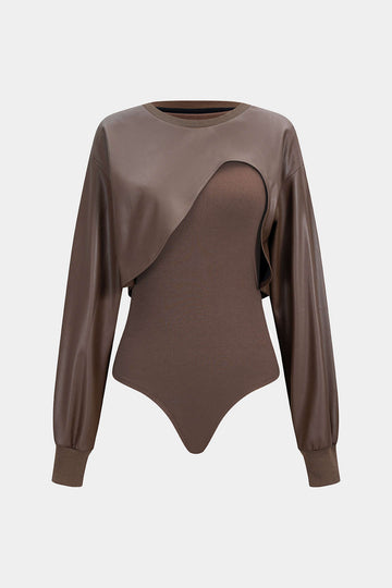 Faux Leather Patchwork Round Neck Asymmetrical Long Sleeve Bodysuit