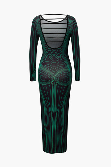 Body Line Print Backless Long Sleeve Maxi Dress