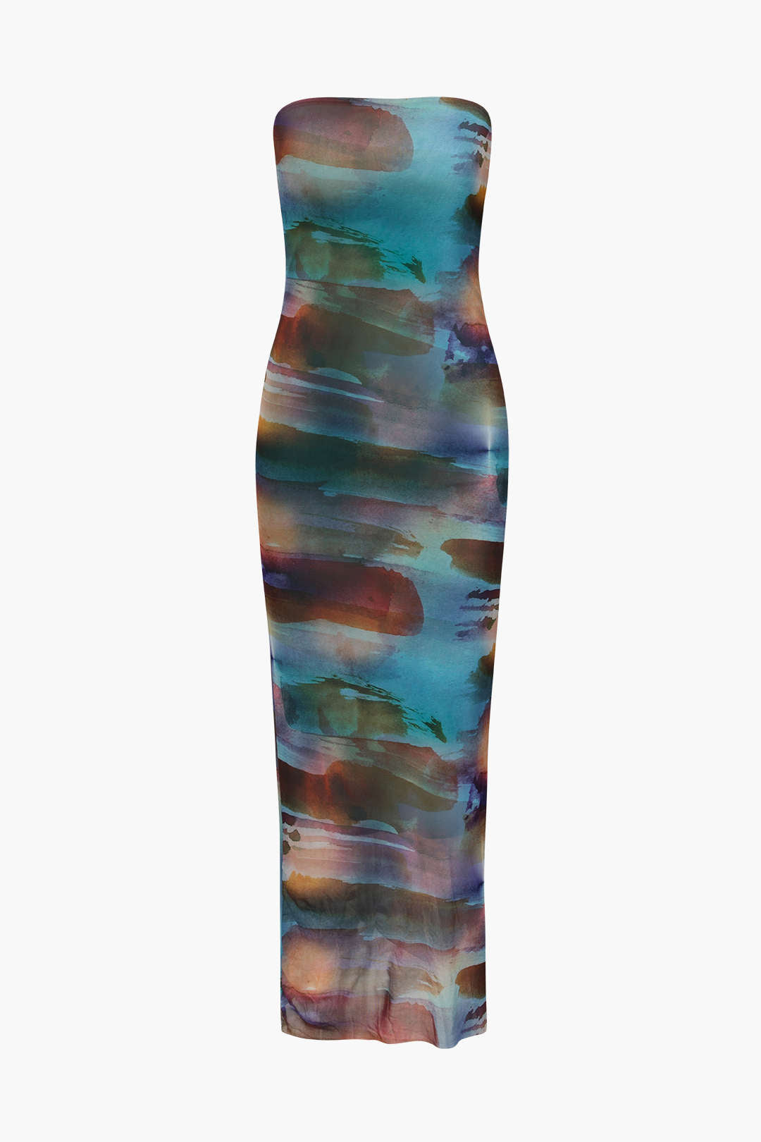 Abstract Print Mesh Strapless Maxi Dress