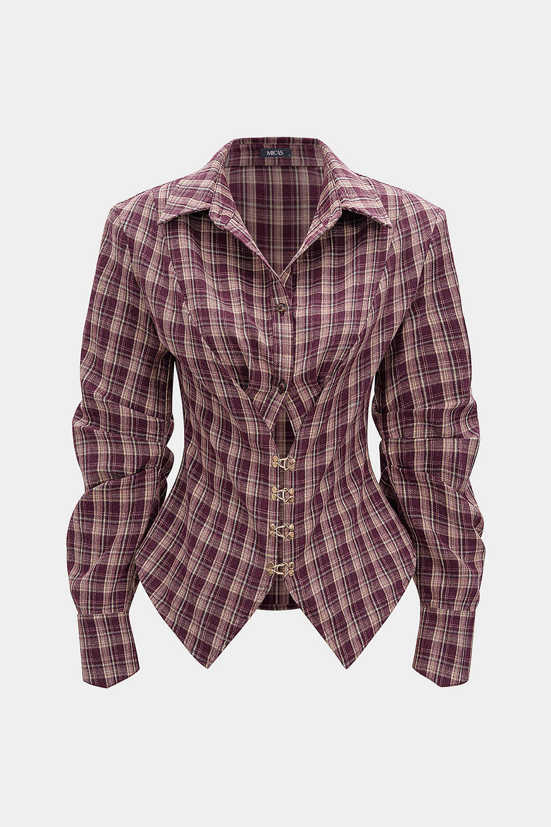 Plaid Print Ruched Waist-Cinching Long-Sleeve Shirt