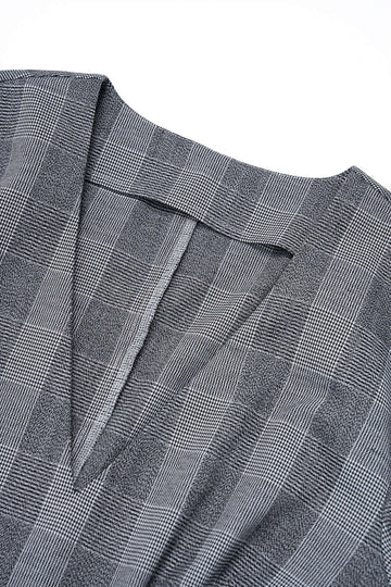 Plaid Print V-Neck Knot Ruched Asymmetrical Hem Long-Sleeve Midi Dress