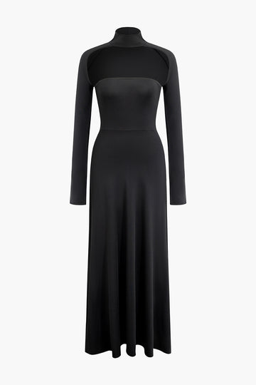 Cut Out Mock Neck Long Sleeve Pleated Maxi Dress