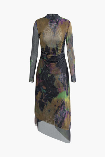 Abstract Print Cut Out Asymmetrical Hem Mesh Maxi Dress