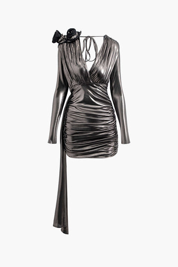 Metallic V-neck Ruched Rosette Midi Dress