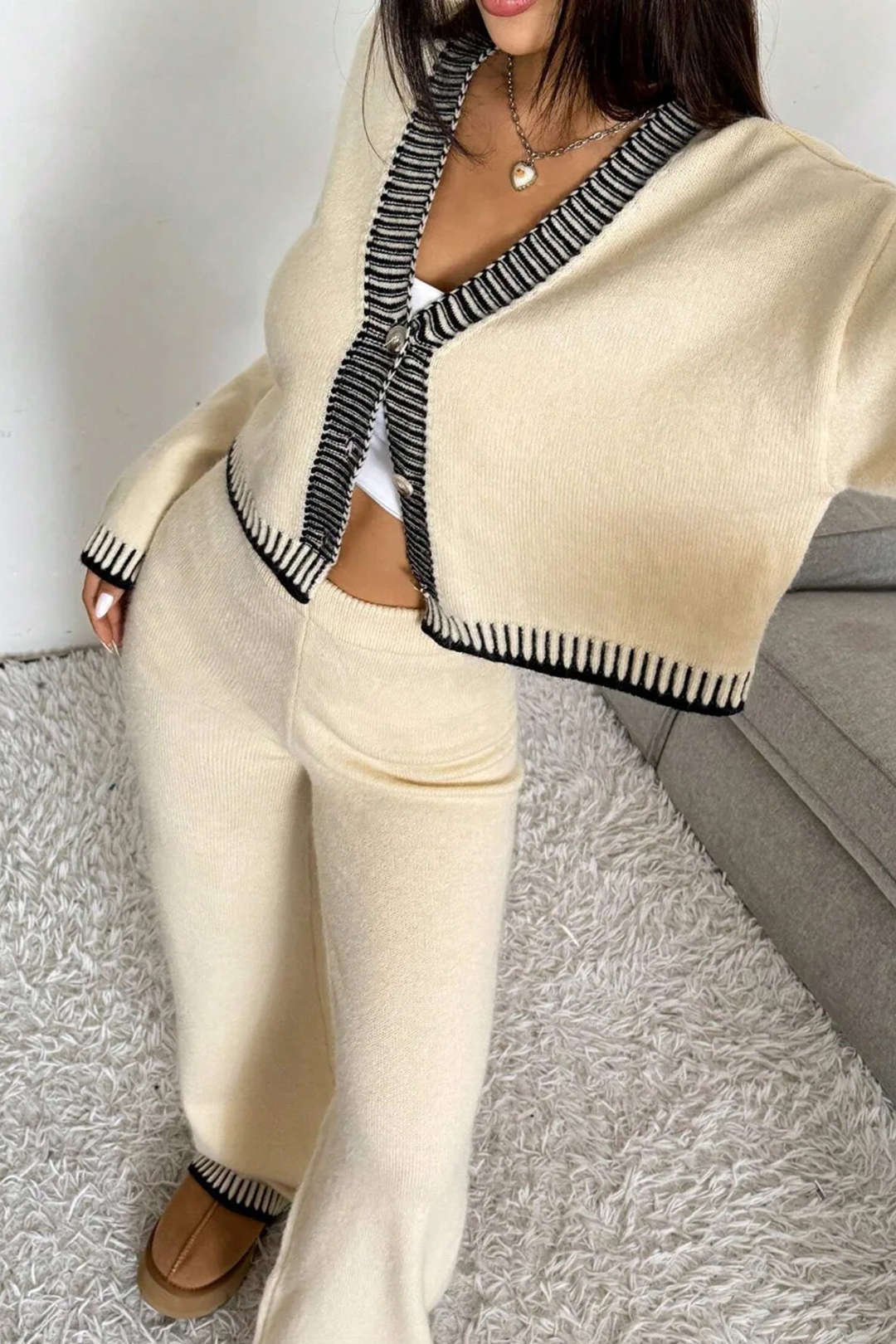 Knit Contrast Binding Button Cardigan And Straight Leg Pants Set